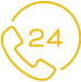 Yellow phone icon featuring the number 24, indicating 24-hour availability for assistance or support.